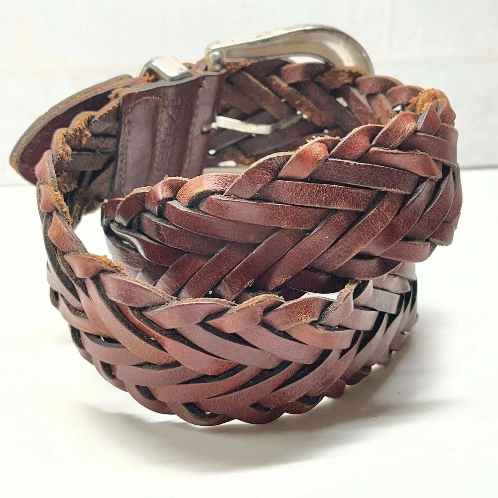 Vintage Express Brown Braided Leather Belt Size S Womens Weave Boho Wide